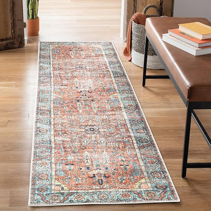 Bloom Rugs Washable Non-Slip 7 ft Runner - Orange/Blue Traditional Runner for Entryway, Hallway, Bathroom, and Kitchen - Exact Size: 2.5' x 7'