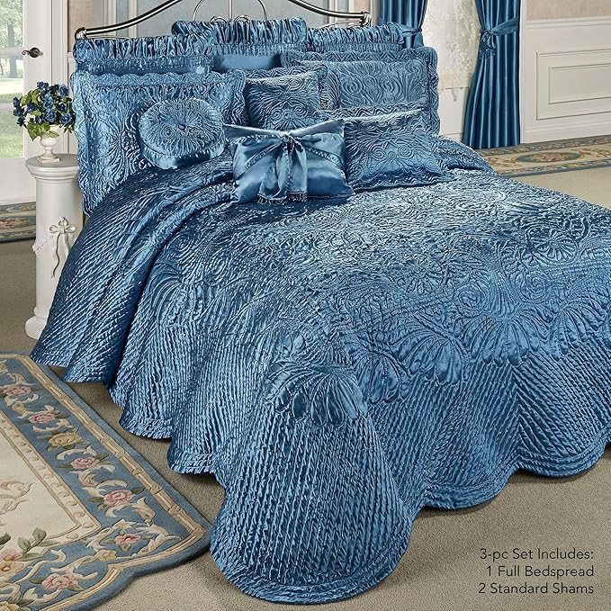 Touch of Class Portia Luxury Bedding | Rich Sapphire Blue | Premier Quilted Polyester Satin | Hand Guided Machine Quilted Scroll Design 3 Piece Set: Full Oversized Bedspread & 2 Standard Shams