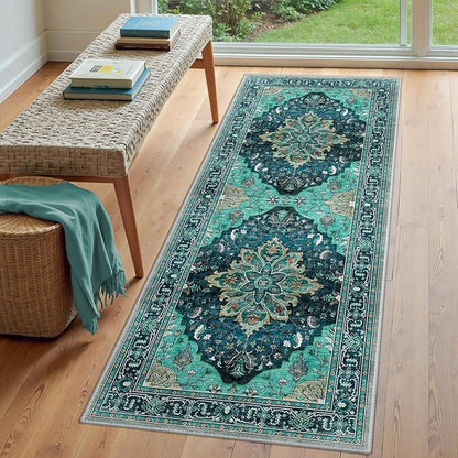 Area Rugs 3'x6' Washable Non-Slip, Floral Vintage Distress Print Pattern Medallion Carpet for Living Room Bedroom Dining Room, Teal Green Lake Blue Turquoise
