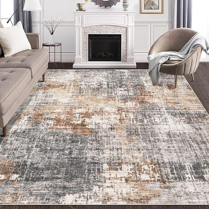Area Rug Living Room Rugs - 8x10 Washable Large Soft Indoor Neutral Modern Abstract Low Pile Rug Carpet for Bedroom Dining Room Farmhouse Home Office - Grey Brown