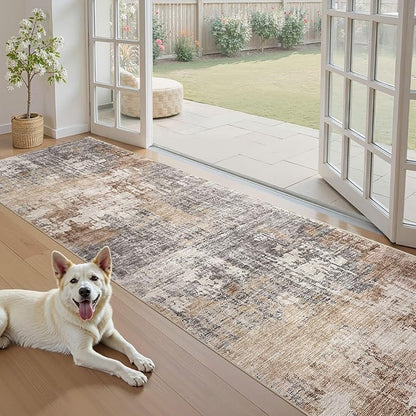 3x10 Washable Runner Rug for Hallway: Soft Neutral Modern Abstract Low Pile Rug Indoor - Carpet for Bedroom Dining Room Kitchen Entryway - Grey Brown