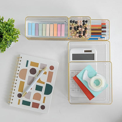 Martha Stewart Kerry Plastic Stackable Office Desk Drawer Organizers, Set of 6, with Gold Trim