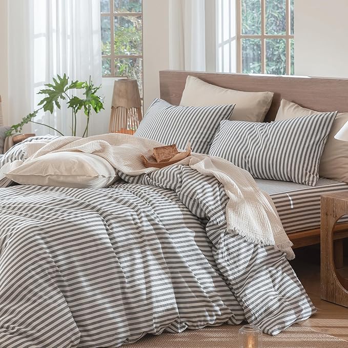 MooMee Striped Duvet Cover Set 100% Washed Cotton Linen Like Textured Breathable Durable Soft Comfy (Dark Grey White Classic Stripes, Super Queen 90"x98")