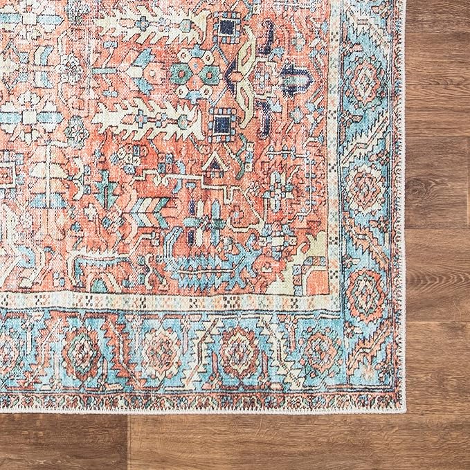 Bloom Rugs Washable Non-Slip 2' x 3' Rug - Orange/Blue Traditional Oriental Area Rug for Living Room, Bedroom, Dining Room, and Kitchen - Exact Size: 2' x 3'