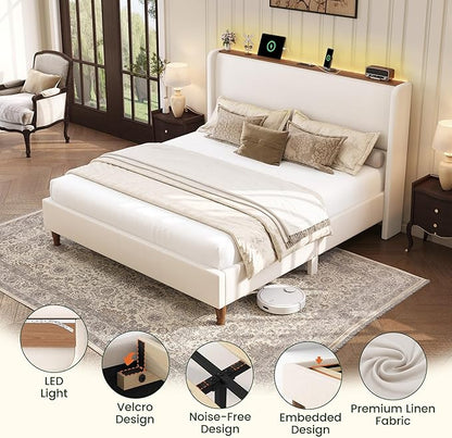 LARMACE Queen Size Bed Frame with LED Lights and Charging Station Linen Upholstered Platform Bed Frame with 51.2" Tall Headboard Wingback and Storage Shelf, No Box Spring Needed, Noise Free, Beige