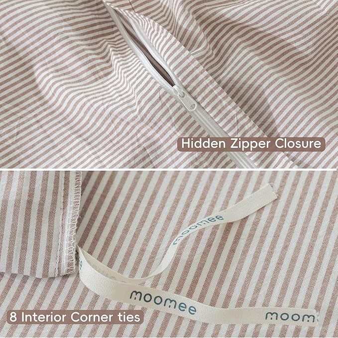 MooMee Striped Duvet Cover Set 100% Washed Cotton Linen Like Textured Breathable Durable Soft Comfy (Orange Pinstripes, King 104"x90")