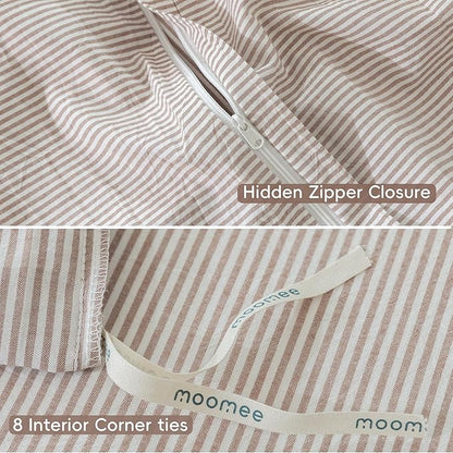 MooMee Striped Duvet Cover Set 100% Washed Cotton Linen Like Textured Breathable Durable Soft Comfy (Orange Pinstripes, Twin 68"x90")