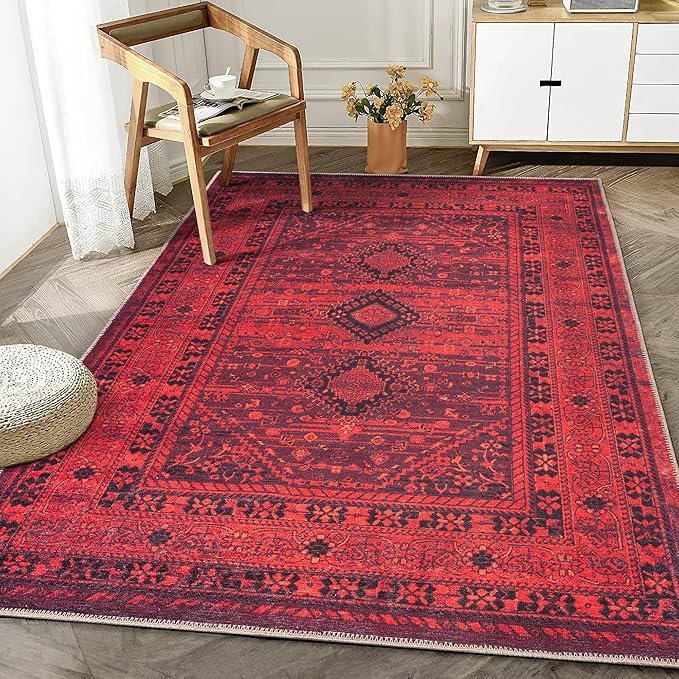 Bloom Rugs Washable Non-Slip 4' x 6' Rug - Red Traditional Bordered Area Rug for Living Room, Bedroom, Dining Room, and Kitchen - Exact Size: 4' x 6'