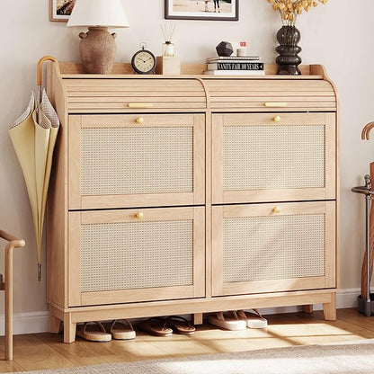 LINSY Shoe Storage Cabinet, Rattan Shoe Cabinet Wood Shoes Rack Cabinets with Sliding Tambour Door, Large Flip Drawer Shoe Cabinet Boho Hidden Shoe Storage for Entryway, Front Door, Hallway, Oak