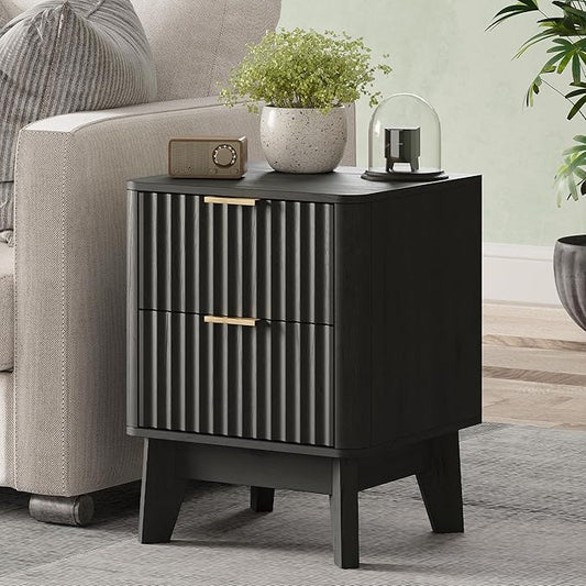 Fluted Nightstand,Modern End Table with Metal Handle,2 Storage Drawers Side Table,Bedside Table for Bedroom,Wood Nightstands,Curved Profile Design Furnitue,Black