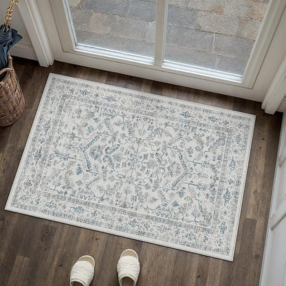 Blue 2x3 Entryway Rug Vintage Area Carpet Indoor Kitchen Washable Door Mat Entrance Small Low Pile Traditional Distressed Retro Accent Throw Rug Non Slip Office Bathroom