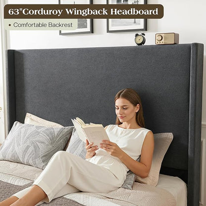 Queen Bed Frame with 63" Tall Headboard, Horizontal Fine Corduroy Bed Frame with Wingback, Upholstered Platform Bed, Vintage Solid Wood Gourd Legs, No Box Spring Needed, Black