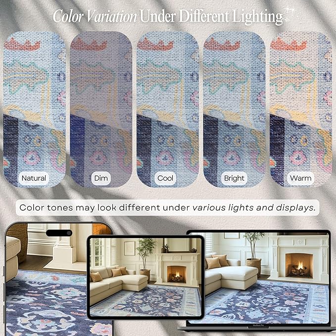 Fame Rugs Navy Blue Modern Oushak Rug 5x7, Washable Vintage Turkish Colorful Oriental Antique Inspired Area Rugs, Luxury Living Room Bedroom (388NB, 5' x 7')