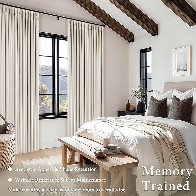 90 Inch Pinch Pleated Blackout Linen Curtains for Bedroom 2 Panels Memory Trained 100% Black Out Soundproof Room Darkening Natural Cream Ivory Birch Window Curtains Double Layer Pinch Pleat Drapes