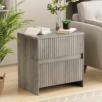 Fluted Nightstand, 23" Wood Bedside Table with 2 Storage Drawers, Modern Night Stand for Bedroom, Office, Grey