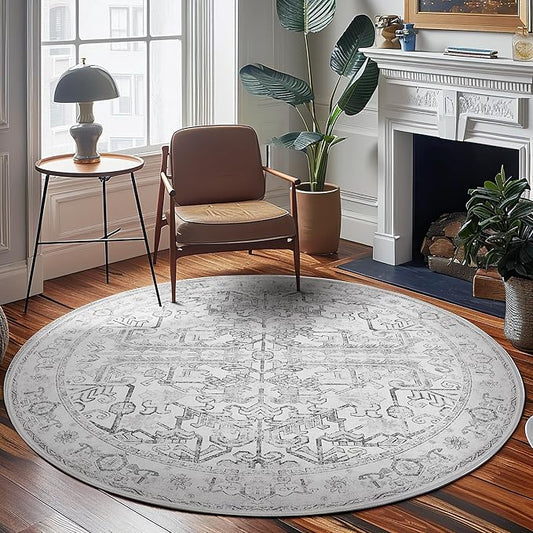 jinchan Lima Round Rug 8ft Vintage Machine Washable Area Rug Indoor Circle 8' Ultra-Thin Non-Slip Floral Print Carpet for Farmhouse Entryway Dining Room Living Room Bedroom Office (8'Round, Grey)