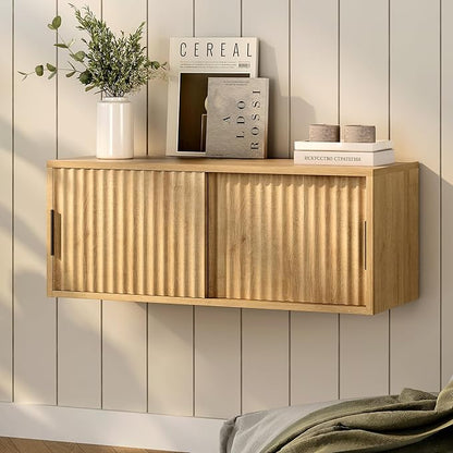 Floating TV Stands Set of 2, Modern Fluted Large Floating Nightstand Wall Mounted Bedside Cabinet with Sliding Doors for Bathroom, Living Room, Bedroom, Natural Oak