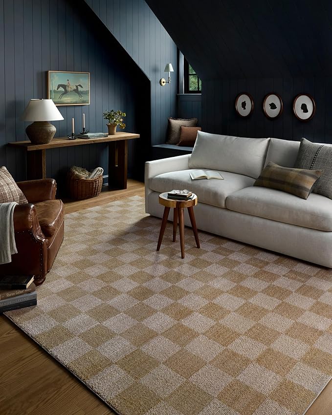Loloi Chris Loves Julia Calvin Collection CLV-01 Wheat/Ivory 2'-7" x 7'-6" Runner Rug Checkered Neutral Soft Living Room Bedroom Carpet