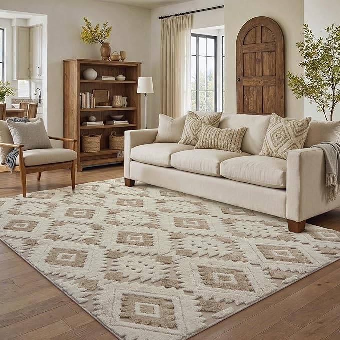 Ivory Brown 4x6 Area Rug Washable Moroccan Shag Office Carpet Non Slip Soft Neutral Boho Floor Mat Plush Pile Throw Rug for Entryway Kitchen Dining Room Bedroom Living Room