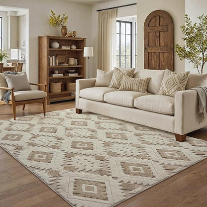 Ivory Brown 4x6 Area Rug Washable Moroccan Shag Office Carpet Non Slip Soft Neutral Boho Floor Mat Plush Pile Throw Rug for Entryway Kitchen Dining Room Bedroom Living Room
