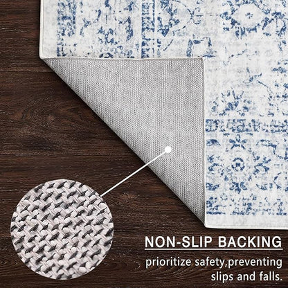 6x9 Area Rug, Ultra-Soft Washable Rug for Living Room, Dinner Room, Bedroom, Non-Slip Vintage Floral Rug, Indoor Carpet Large Area Rug, Blue
