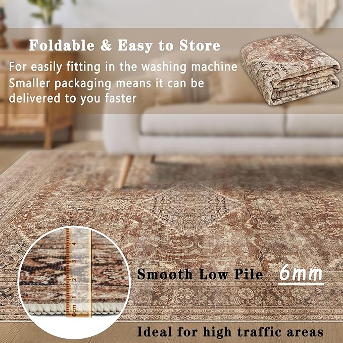vivorug 3x5 Rug, Small Area Rug for Living Room, Bedroom, Kitchen, Machine Washable Non-Slip Throw Rug, Vintage Carpet for Entryway Nursery Coffee Table - Durable (Earth Tone)