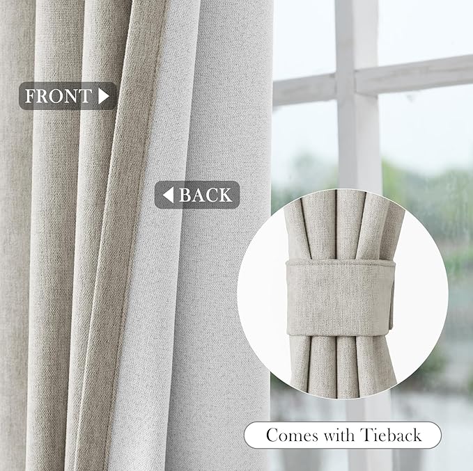 Macochico 100" Wx84 L Beige Full Blackout Curtains for Sliding Door, Thermal Insulated Drapery for Living Room Bedroom Windows Patio Door, Modern Chenille Grommet Curtains with Tieback 1 Panel