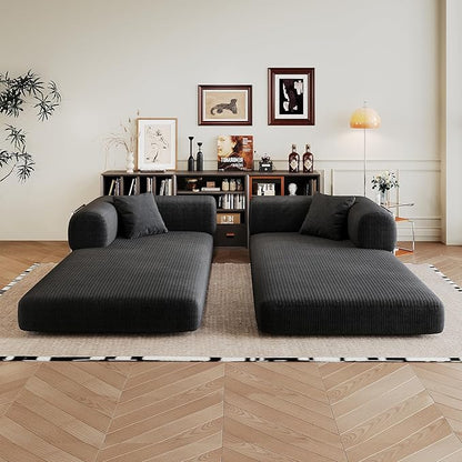 79" Convertible Sofa Bed, Corduroy Folding Pull Out Couch with Pillows, No Assembly Modern Boneless Couch Compression Sofa in Box, Floor Sofa with Support Rods for Living Room,Black