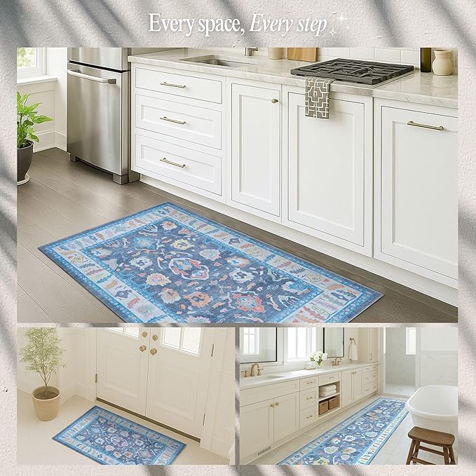 Fame Rugs Blue Modern Oushak Rug 3x5, Washable Vintage Turkish Colorful Oriental Antique Inspired Foldable Small Area Rugs, Luxury Living Room Bedroom (387BNB, 2'6" x 5')