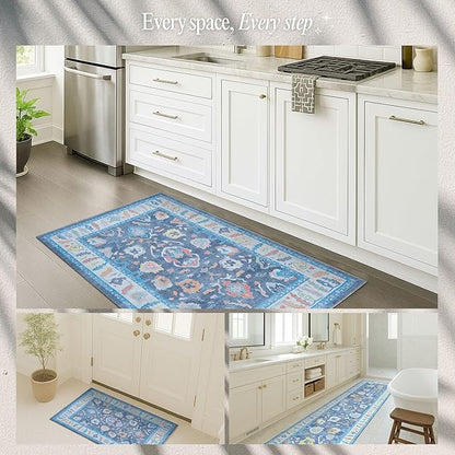 Fame Rugs Blue Modern Oushak Rug 2'6"x10, Vintage Turkish Colorful Oriental Antique Inspired Foldable Long Washable Runner Rugs, Luxury Living Room Bedroom (387BNB, 2'6" x 10')