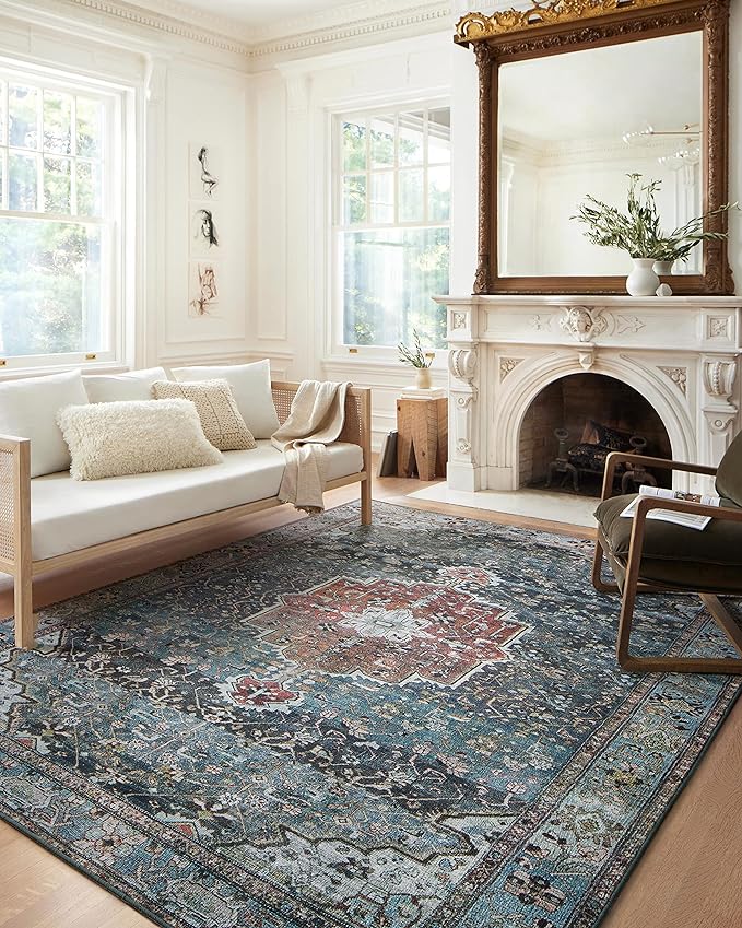 Loloi Margot Collection MAT-05 Ocean/Brick 2'-6" x 7'-6" Runner Rug feat. CloudPile, No-Shed Easy Clean Large Patterned Area Rug for Living Room, Bedroom, Dining Area