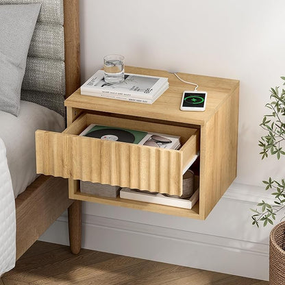 Floating Nightstands Set of 2 with Drawer and Open Shelf, Small Wall Mounted Bedside End Table, Modern Fluted Night Stand for Bedroom, Living Room, Natural Oak
