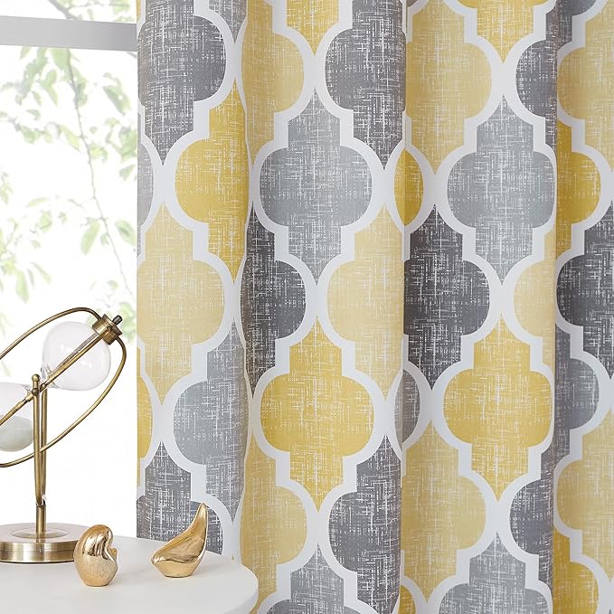 Beauoop 100% Blackout Curtains 63 Inches Long 2 Panels for Bedroom Living Room Yellow Grey Moroccan Geo Room Darkening Thermal Insulated Soundproof Rod Pocket Back Tab Window Treatments Drapes, 50x63