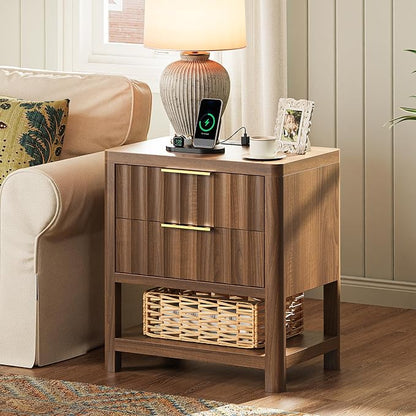 Huuger 27.6 Inch Tall Night Stands with Charger Station, USB-C Port, Fluted Nightstand Set of 2, Larger Wider Bed Side Table with 2 Deep Drawers, Open Shelf, Bedroom Living Room End Table, Walnut