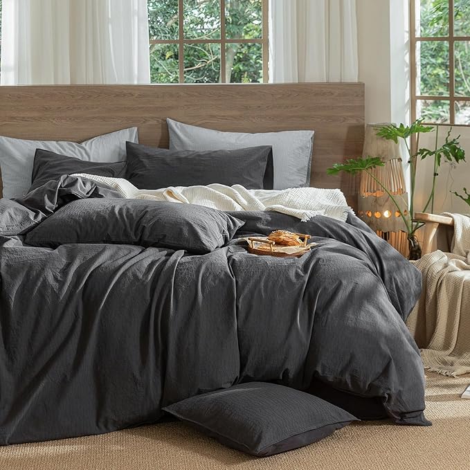 MooMee Wavy Striped Duvet Cover Set 100% Washed Cotton Linen Like Textured Breathable Durable Soft Comfy (Charocal Grey, Oversized Queen 98"x98")