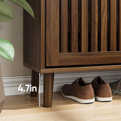 Vibe & Dine Shoe Cabinet with 2 Flip Drawers, Narrow Shoe Organizer with Gold Handles, Freestanding Shoe Storage Cabinet for Entryway Slim, Wood Shoe Rack for Hallway, Bedroom, Walnut