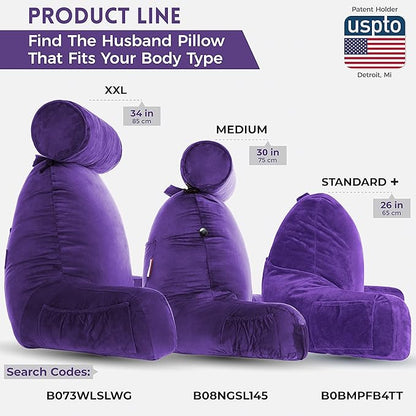 Husband Pillow Medium Purple, Backrest for Kids, Teens, Petite Adults - Reading Pillows with Arms, Adjustable Loft, Plush Memory Foam, Bed Rest Chair for Sitting Up, Detach Neck Roll, Removable Cover