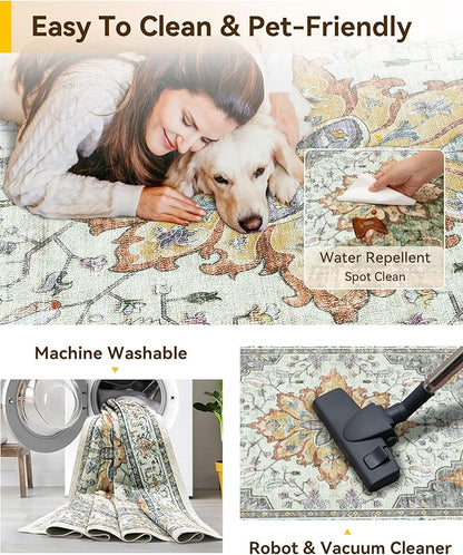 Area Rugs 7ft Washable Non-Slip, Floral Vintage Distress Print Pattern Medallion Carpet for Living Room Bedroom Dining Room, Light Yellow Carbon Grey Orange