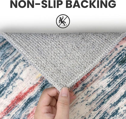 2x8 Modern Abstract Runner Rug for Hallways, Teal Blue Peach Gray Multi Super Soft Hallway Decor Kitchen Rugs with Non-Slip, Non-Shedding Washable Rug for Entryway Bedroom Laundry Indoor