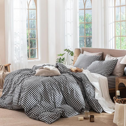 MooMee Gingham Duvet Cover Set 100% Washed Cotton Linen Like Textured Breathable Durable Soft Comfy Modern Checkered Design (Black White Gingham, King 104"x90")