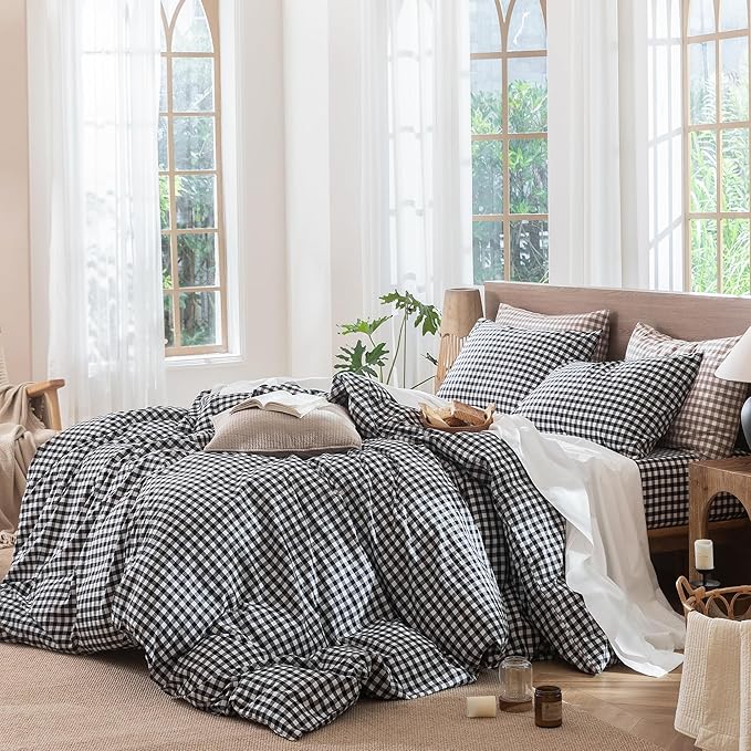 MooMee Gingham Duvet Cover Set 100% Washed Cotton Linen Like Textured Breathable Durable Soft Comfy Modern Checkered Design (Black White Gingham, Palatial King/Oversized King 120"x98")