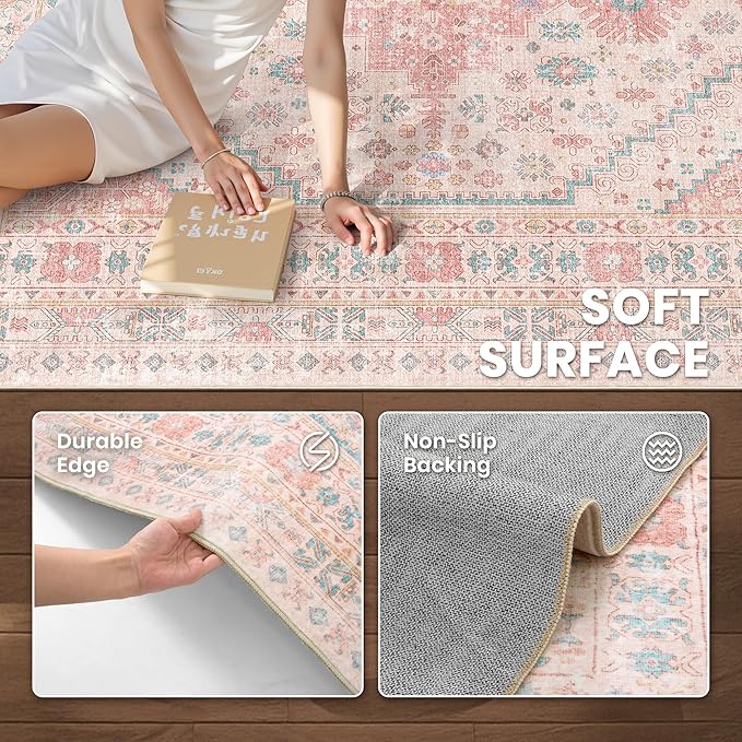 zesthome Pink Rug - 5x8 Area Rugs for Bedroom, Stain Resistant Washable Rugs for Nursery Room, Living Room, Home Decor, Girls Rug (Pink/Blue,5'x8')