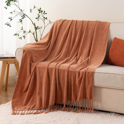 BATTILO HOME Fall Caramel Throw Blanket for Couch, Bed, Sofa - Soft Cozy Rust Orange Chenille Throw with Fringe Tassels, Lightweight Fall Knit Throw for Fall Decor, 50"x60"