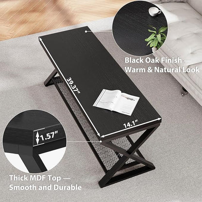 LVB Black Entryway Bench with Storage, Indoor Shoe Bench with Seating for Hallway, Accent Storage Bench for Living Room Bedroom, Simple Small Shoe Rack Benchs for Foyer Entrance, Black Oak, 39 inch