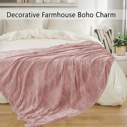 Chenille Throw Blanket for Couch 50"X 60", Soft Cozy Throws with Fringe Tassel for Bed Sofa Chair Cover, Lightweight Knitted Decorative Boho Blankets for Living Room, Dusty Pink