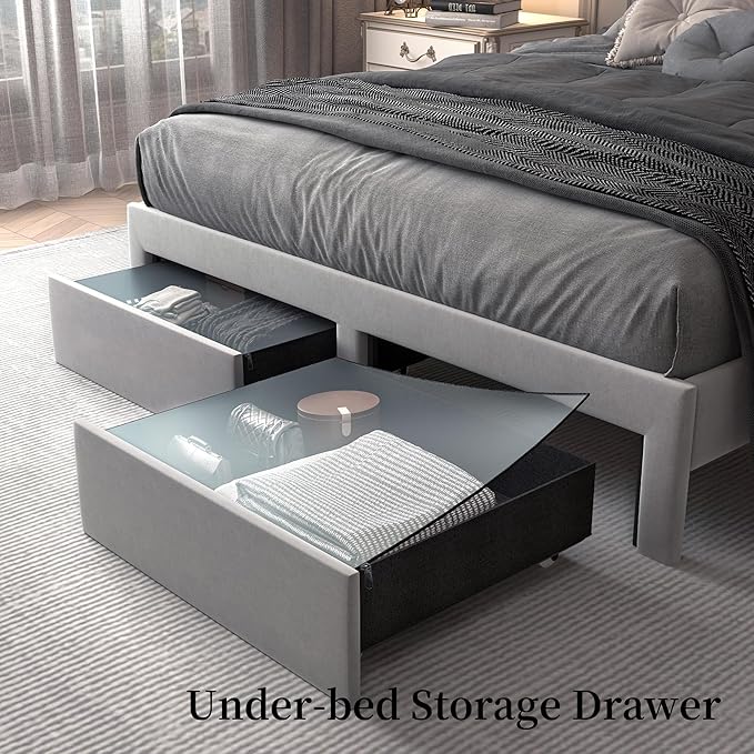 King LED Bed Frame with Storage Drawers, Velvet Upholstered Platform Beds with Galaxy Star Projector Charging Station Speaker, Aurora Bedframe with 2-Tier Storage Headboard, Noise-Free, Grey