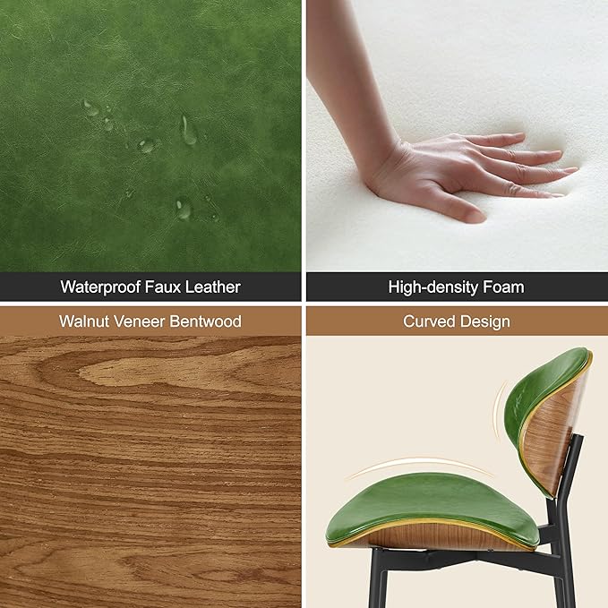 Art Leon Dining Chairs Set of 4, Walnut Bentwood, Mid Century Modern Chair, Green Faux Leather Kitchen Dining Room Chairs with Black Metal Legs, Accent Chairs for Bedroom