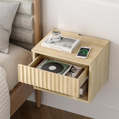 Floating Nightstands Set of 2 with Drawer and Open Shelf, Small Wall Mounted Bedside End Table, Modern Fluted Night Stand for Bedroom, Living Room, Light Oak