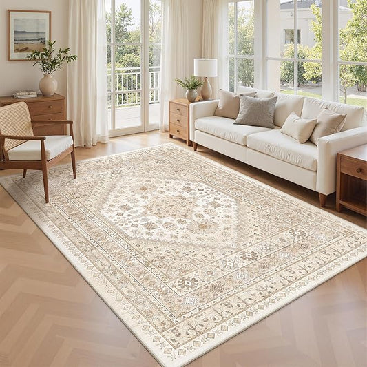 zesthome 5x8 Area Rugs - Ultra-Thin Washble Rug, Stain Resistant Anti Slip Backing Rugs for Living Room,Bedroom, Vintage Home Decor Area Rug(Cream/Beige,5'x8')