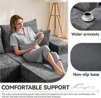 Boneless Sectional Loveseat Couch with Ottoman, Convertible Modular Floor Sleeper Sofa Bed, Comfy Foldable Compression Love Seat Sofa for Living Room, No Assembly, Dark Grey